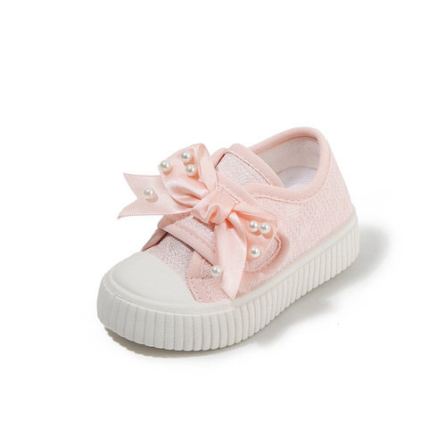 Spring and autumn children's canvas shoes with soft soles and soft surfaces, girls 'skate shoes, bow, pearl velcro, baby fashion