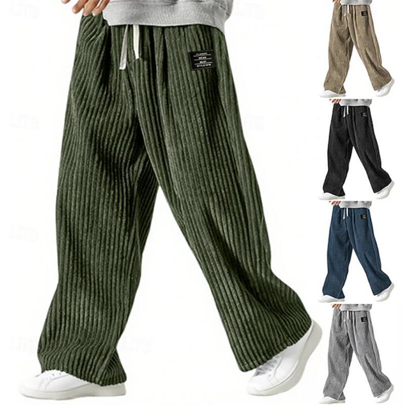 Men Corduroy Sweatpants Loose Straight-Leg Pants Drawstring Elastic Waist Solid Color Plaid Outdoor Casual Pants
