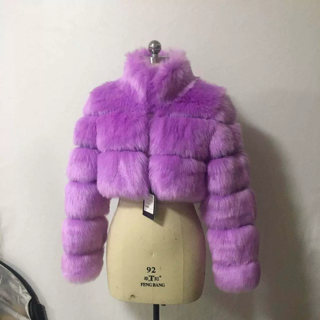 海宁仿皮草外套女秋冬季新款超短立领长袖拼接外套厂家批发
