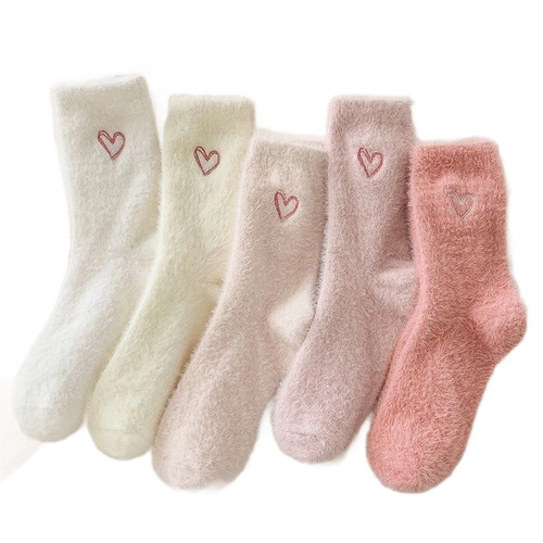 Knitted winter and autumn socks for girls, long socks with plush material, thick winter warmth, fur-like socks for sleep, women's medium-length socks