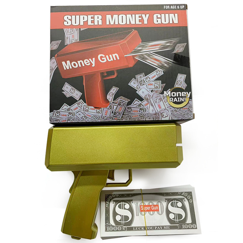 Venta de oro caliente MoneyGun pistolas de pulverización de dinero, pistolas de pulverización de dinero, juguetes, pistolas de billetes, pistolas de juguete