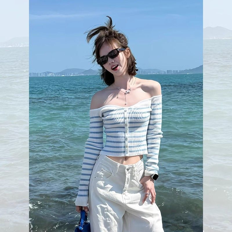 Pure Desire Style off-shoulder Striped Knit Sweater Women's Spring Design Sense Slim-fit Inner Base Shirt Shoulder Short Top