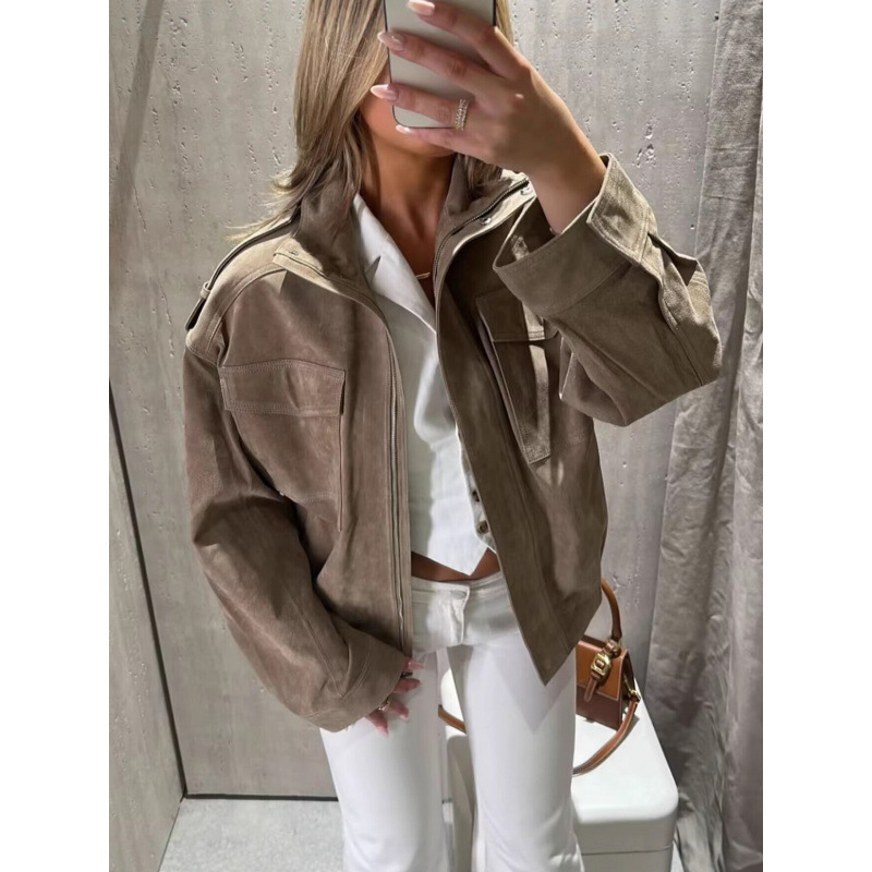 Cross-Border Export Women's Clothing 2025 Autumn and Winter European and American Style Strap Decorated Suede Texture Loose Jacket Jacket for Women A15082
