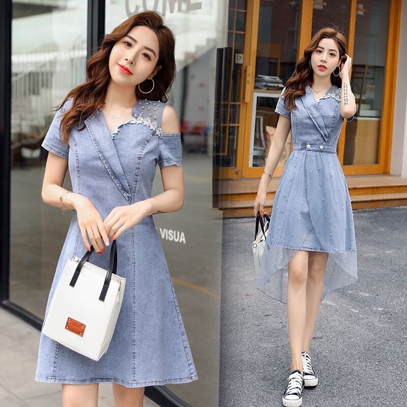 Two-Piece Denim Waist-Cinching Dress for Women, 2026 Summer New Style, Youthful and Stylish, Goddess-Like, with Mesh Splicing Two-Piece Denim Waist-Cinching Dress for Women, 2026 Summer New Style, Youthful and Stylish, Goddess-Like, with Mesh Splicing