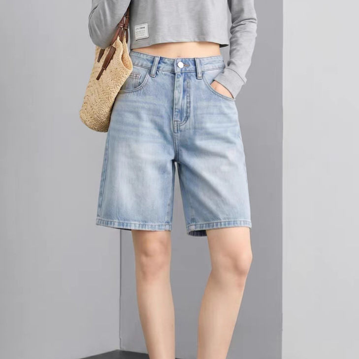 Nostalgic Vibes: *He-Style High-Thread-Count Cotton Vintage Washed Denim Shorts, French High-Waisted Straight-Leg Shorts