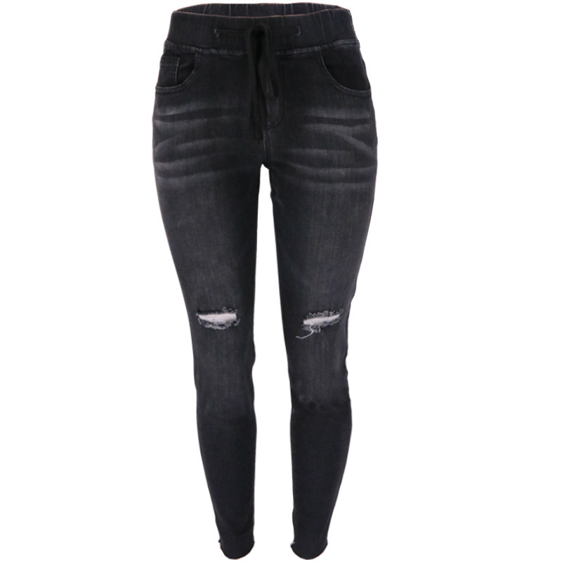 Jeans Ajustados de Mujer con Cordón de Mezclilla de Algodón, Cintura Alta, Alta Elasticidad, Desgastado a Mano