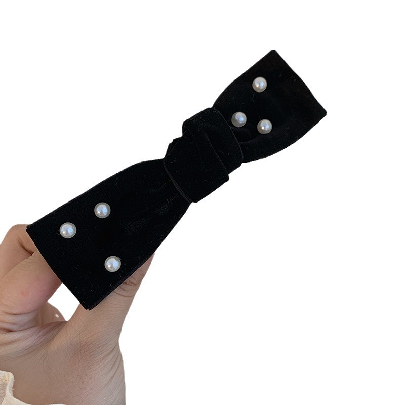 Fermaglio per capelli con fiocco in velluto di perle ~ Fermaglio per capelli piccolo in stile francese retrò nero Accessori per capelli eleganti di senso avanzato Copricapo_voghion.com