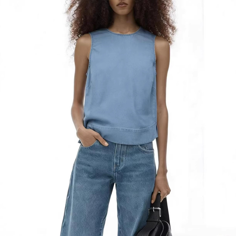 Danish Mos Mo*H Original Denim Vest, Light Blue Washed Lyocell Denim Sleeveless Vest with Back Tie