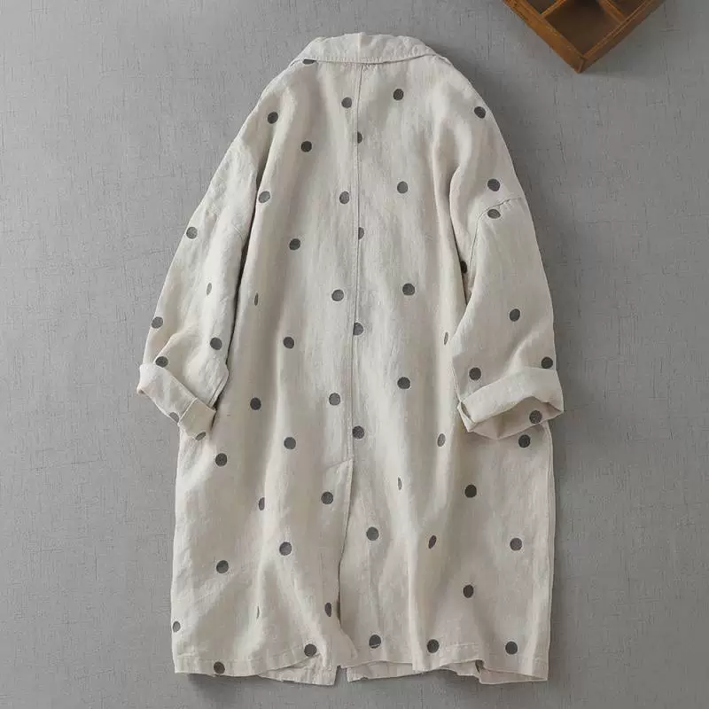 Осенняя женская льняная куртка в горошек с художественной вышивкой и длинными рукавами, свободный костюм средней длины в японском стиле с тонкой ветровкой