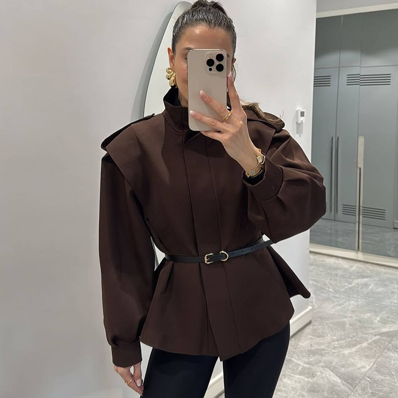 European and American Cross-Border Women's Fashion 2026 Spring New Style Stand Collar Design Slim Fit Irregular Short Trench Coat