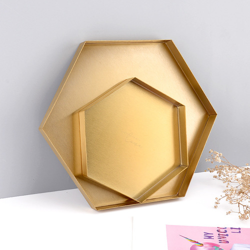 Nordic Home Polygonal Desktop Combination Storage Tray Geometric Metal Fruit Plate Retro Gold Brushed Plate