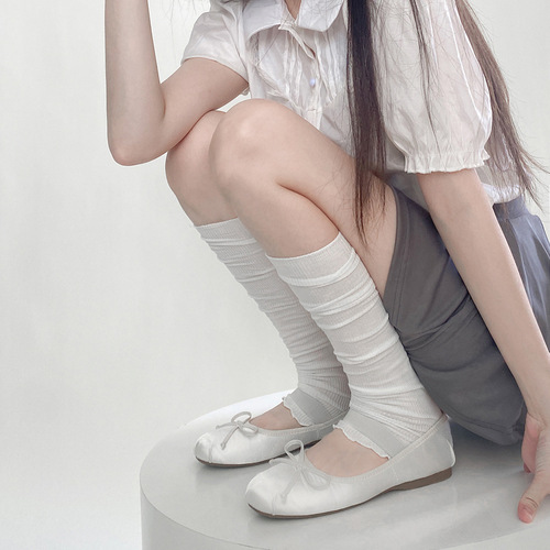 Spring and summer white slimming ballet style thin cotton vertical striped leg sleeves pile socks lace socks sleeves gray black calf socks