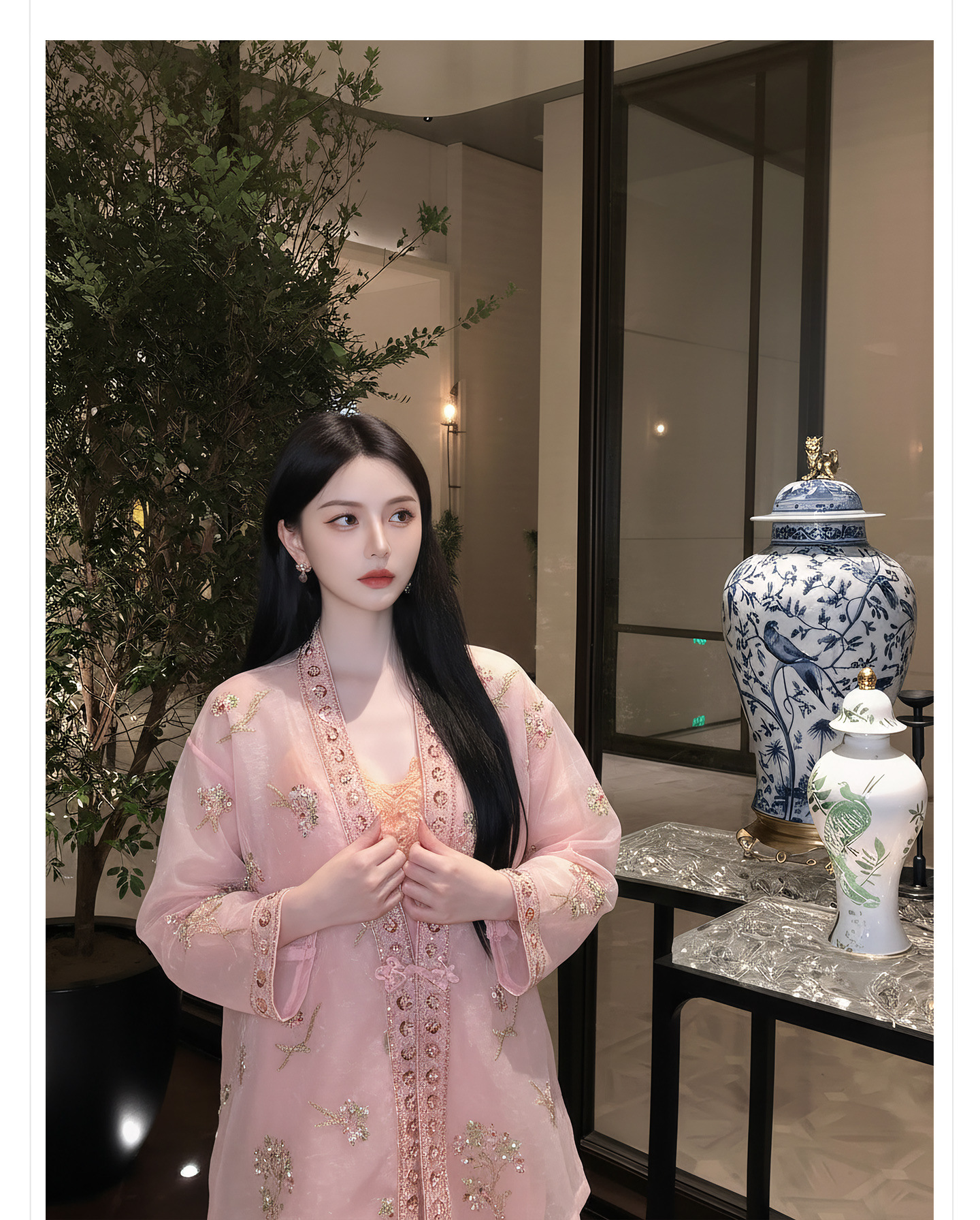 Bộ đầm dây kèm áo khoác thêu hoa phong cách Trung Hoa hiện đại — bộ đồ, đầm dây, Áo khoác màu hồng chi tiết 8