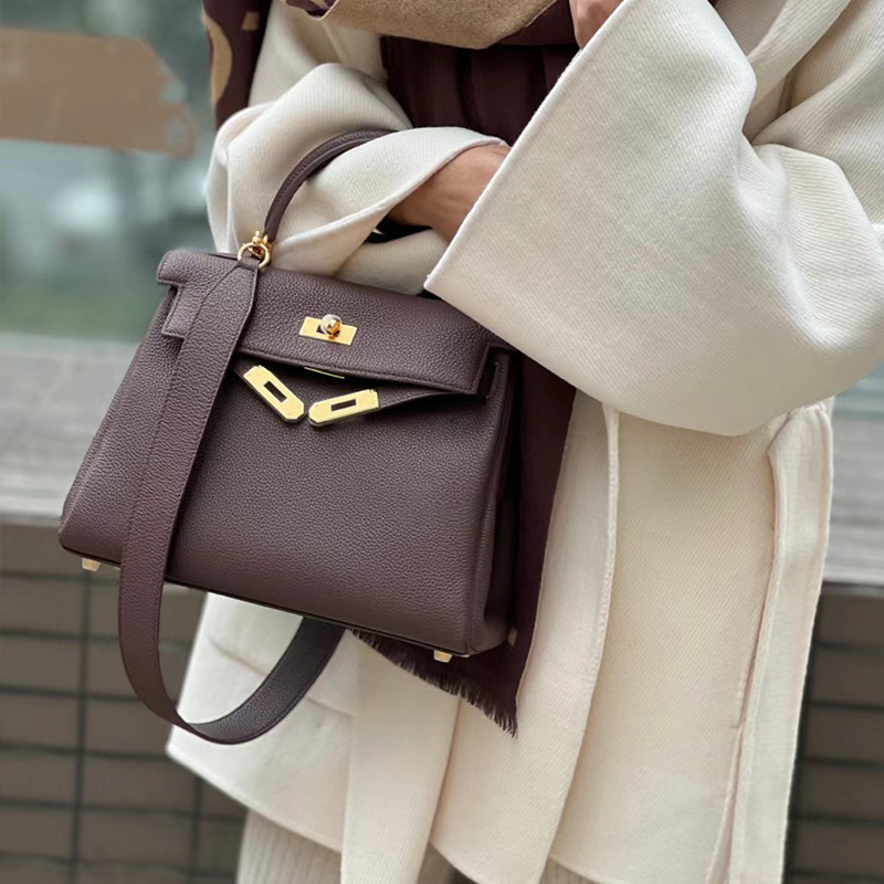 Kelly Shoulder Bag, First-Layer Cowhide, Large Capacity, Genuine Leather, Platinum Kelly Women's Bag, Light Luxury Commuter Handbag, Crossbody Bag
