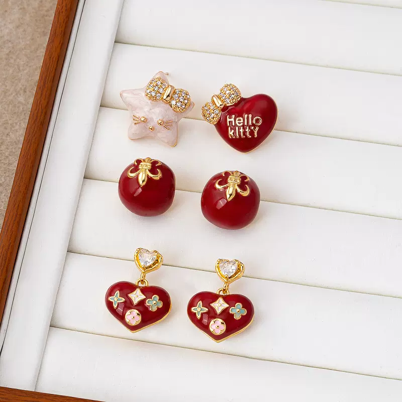 轻奢法式复古金属滴油红色爱心小众设计感高级感耳钉耳饰批发