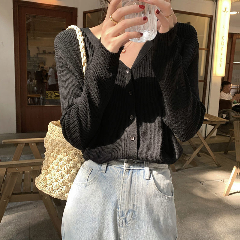 针织衫女v领开衫2025新款黑色薄款打底上衣春秋灰色内搭毛衣外套|undefined