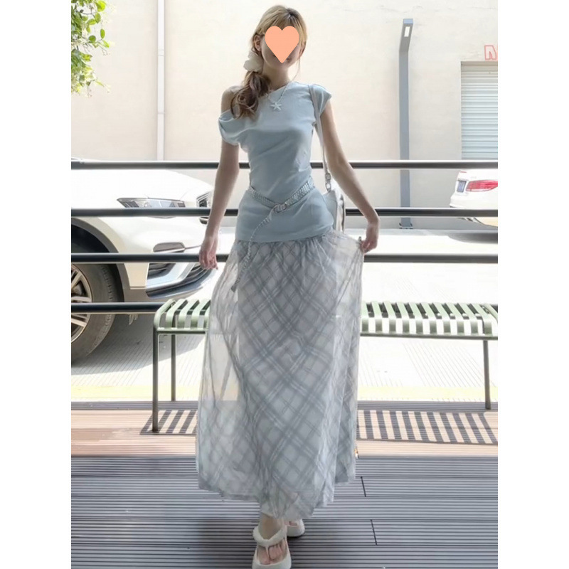 蓝色格子半身裙女夏季2025新款小个子高腰垂感韩系温柔风格纹伞裙|undefined