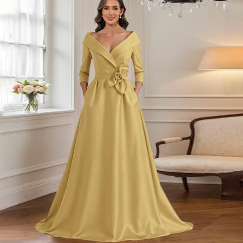 Cross-Border V-Neck Evening Dress for Women, Long Style with Large Skirt, Floral Decoration, Banquet Dress, Wedding Mother's Dress, Church Dress for Women Cross-Border V-Neck Evening Dress for Women, Long Style with Large Skirt, Floral Decoration, Banquet Dress, Wedding Mother's Dress, Church Dress for Women
