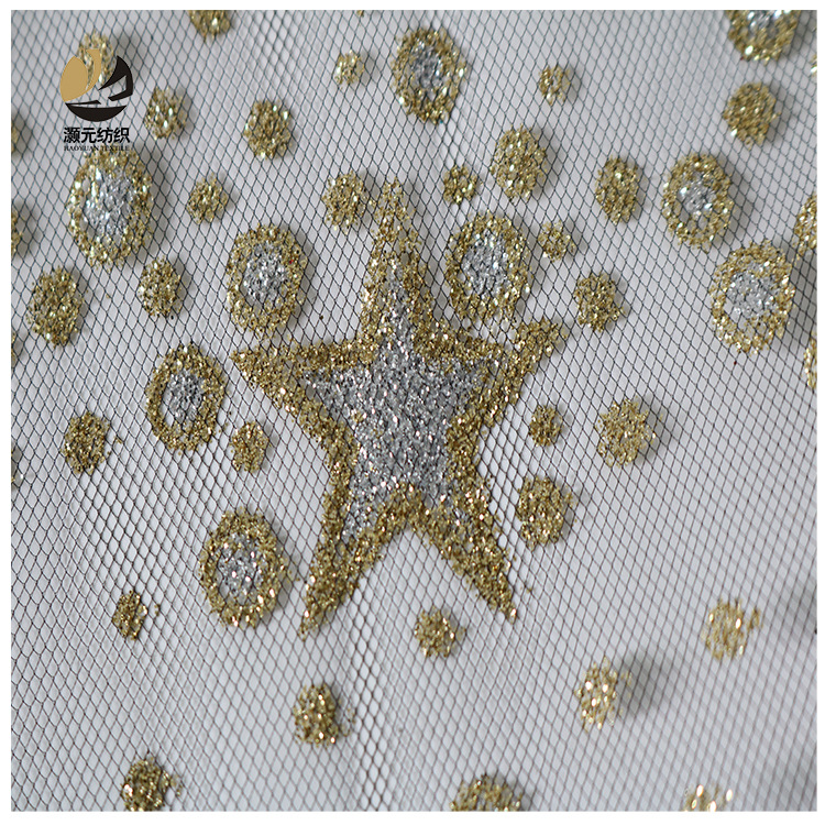 Fábrica de oro impresa en stock pentagonal estrella meteorita no cae polvo vestido de boda tela de malla decoración