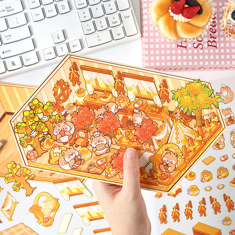 Fantástico cuatro estaciones 3D pegatinas impermeables para mascotas DIY creativas miniaturizadas dibujos animados contabilidad decoración de escenas pegatinas de acertijo