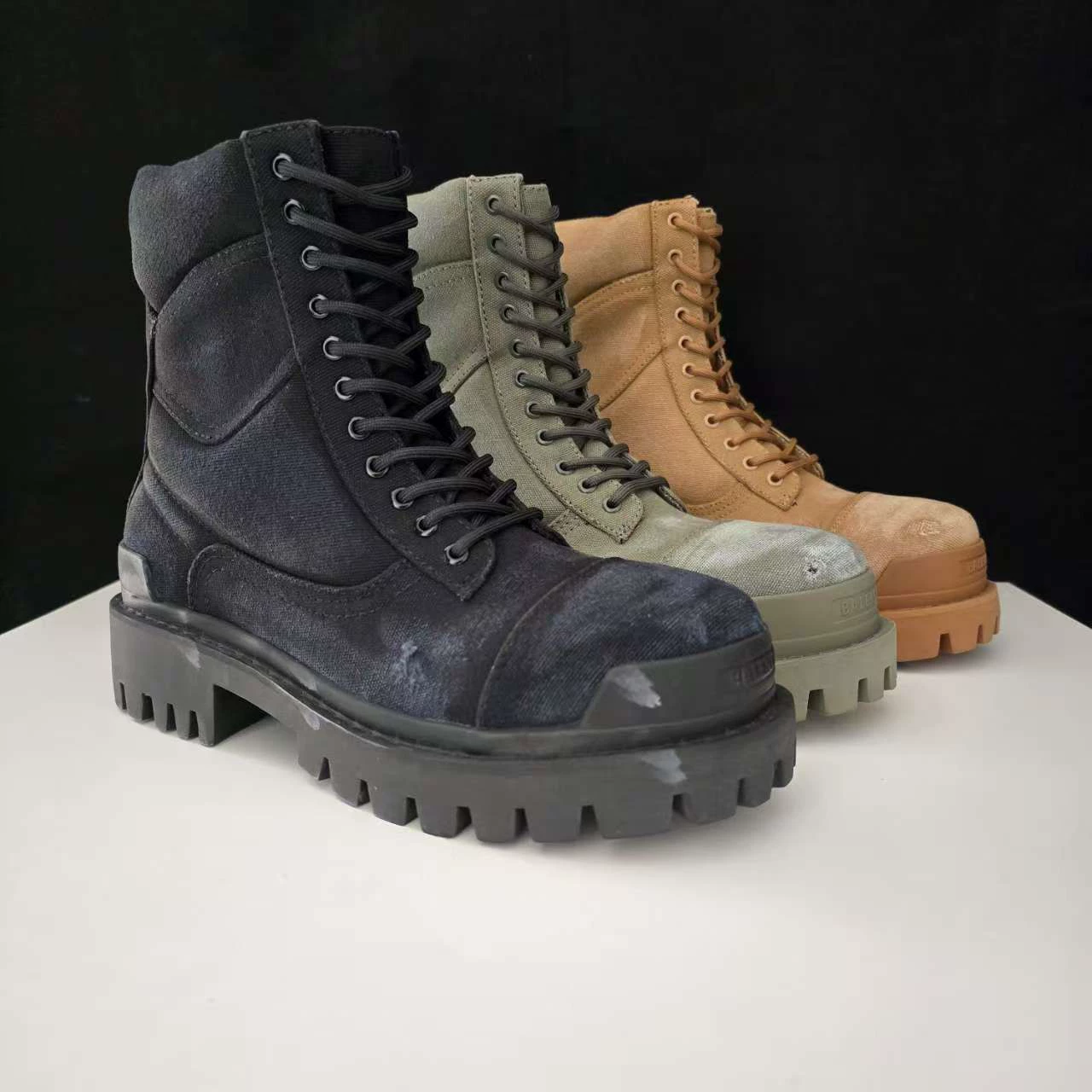 2025秋冬季圆头中筒粘胶鞋现货大头男做旧帆布男士短靴马丁靴