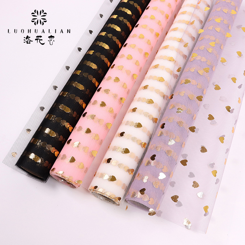 现货批发心恋纱鲜花包装纱网烫金纱5码/卷韩式花束花艺包装纱网