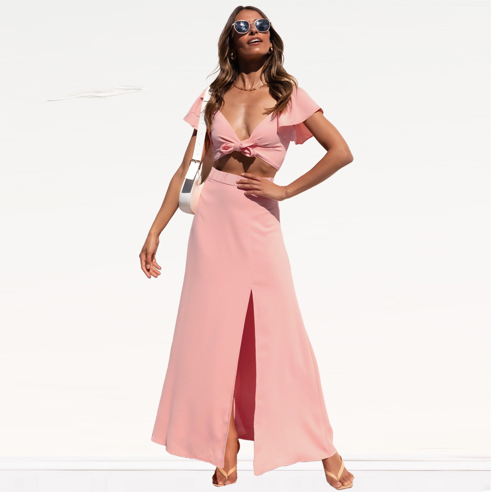 spring solid color beach chiffon short-sleeved top and slit skirt set NSHYG118510