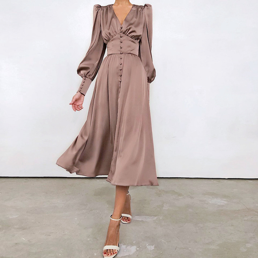 1940S Women's V Collar Stain Button Long Dress Lantern Sleeve Tea Dress Elegant | eBay 1940S Women's V Collar Stain Button Long Dress Lantern Sleeve Tea Dress Elegant | eBay