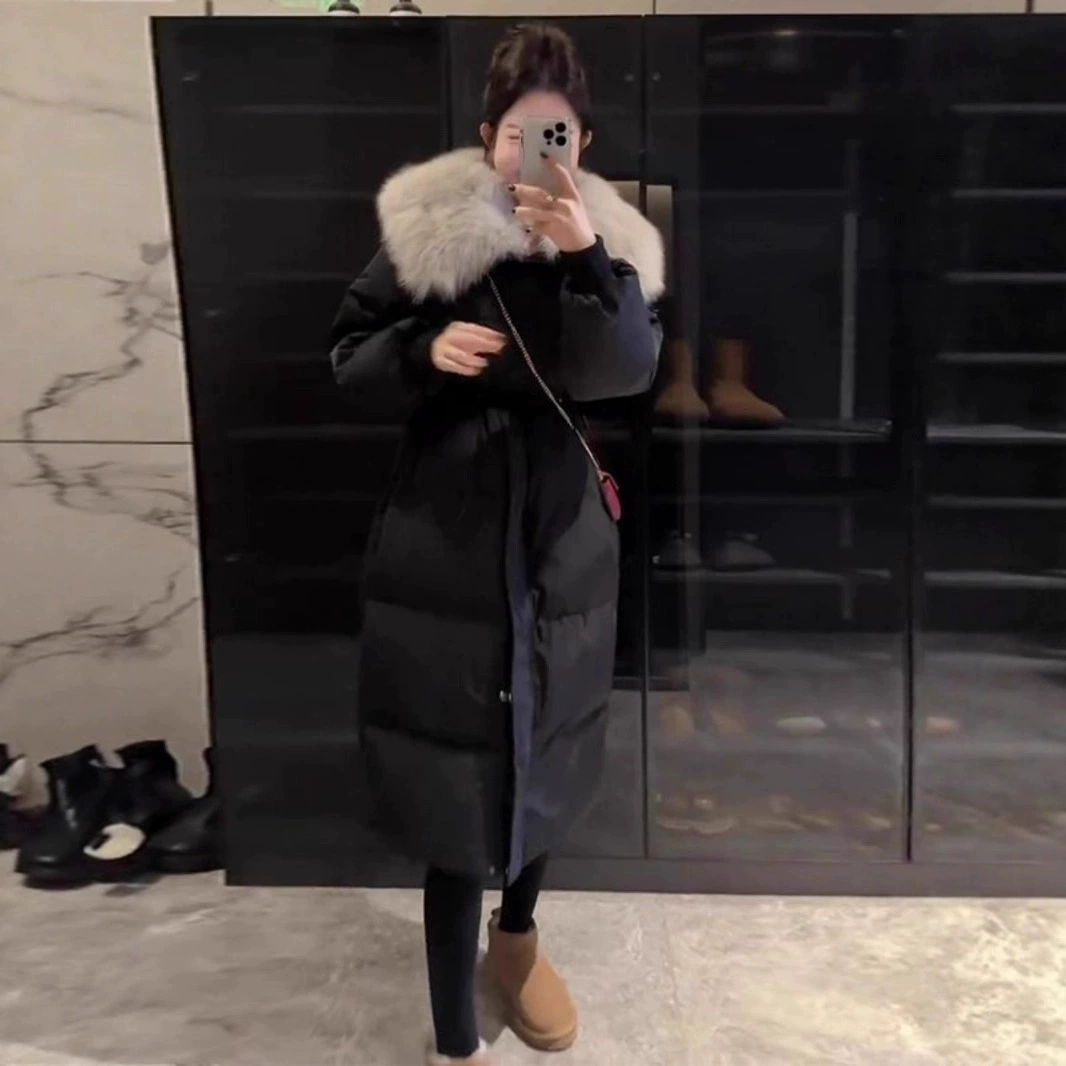 Женский длинный пуховик с воротником из искусственного лисьего меха, новый стиль 2025 года, утепленная хлопковая верхняя одежда выше колена, морозостойкая куртка для женщин