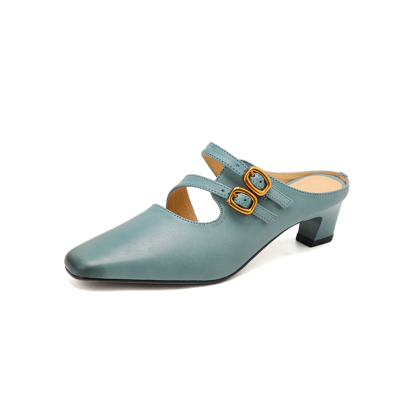 Sandal nữ quai ngang gót vuông ổn định, da bò thật, khóa sau, phong cách Muller — đen