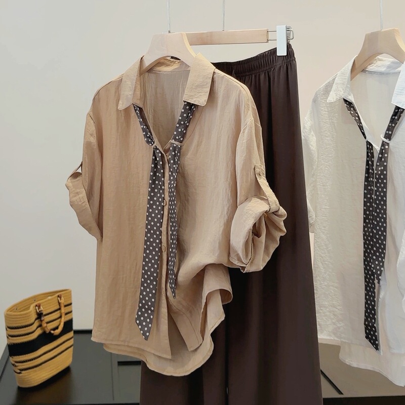 Polka Dot Ribbon Polo Collar Tencel Cotton Half-Sleeve Shirt for Women, New Summer Style, Elegant Commuting Casual Mid-Sleeve Top Polka Dot Ribbon Polo Collar Tencel Cotton Half-Sleeve Shirt for Women, New Summer Style, Elegant Commuting Casual Mid-Sleeve Top