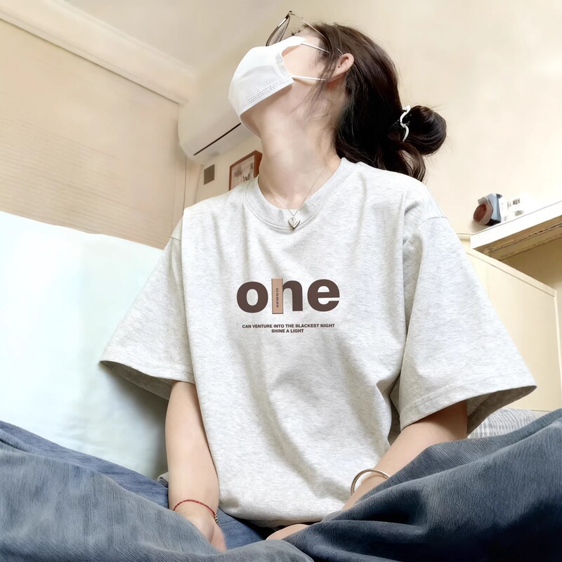 Letter Print White and Gray Short-Sleeve Women's T-Shirt, Pure Cotton, 2026 New Popular Summer Style, Loose Fit, Plus Size Top