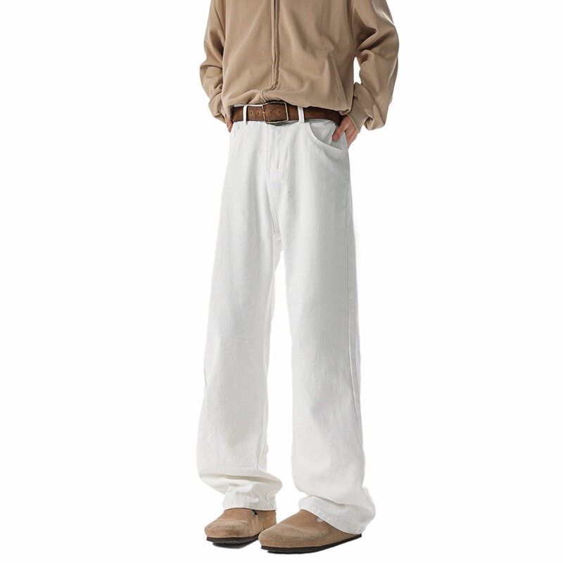 White Flared Jeans for Men, American Style, High-Waisted, Extended Length, Straight-Leg Pants for Tall Individuals, Narrow Wide-Leg Pants