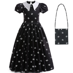 歐美女童cosplay亞當斯一家星期三女主碎花裙翻領演出表演裙