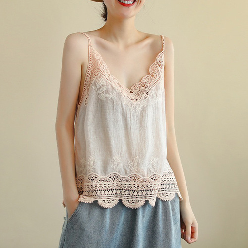 New 2024 Summer Women's Outerwear Fashion Simple Lace Hollow Outfit-Dress Blouse Top Trendy Camisole