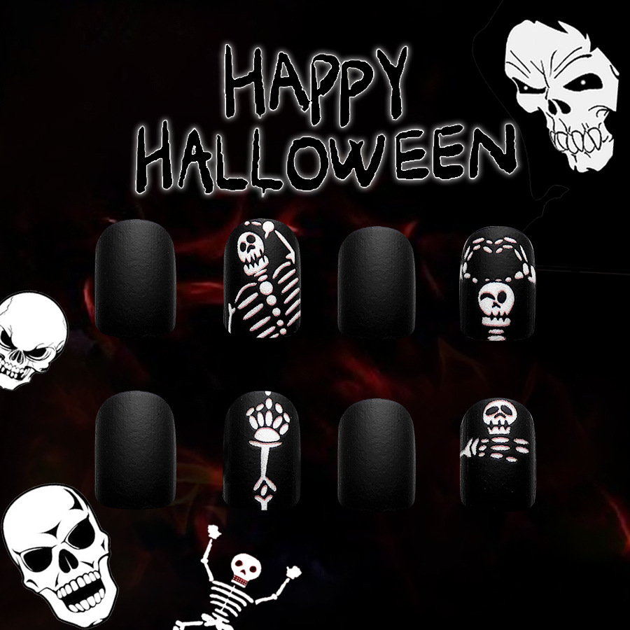 Short Halloween Frosted Wear Nail Art Thriller Funny Skull Man Dark Nail Art 2024 New ins24_voghion.com