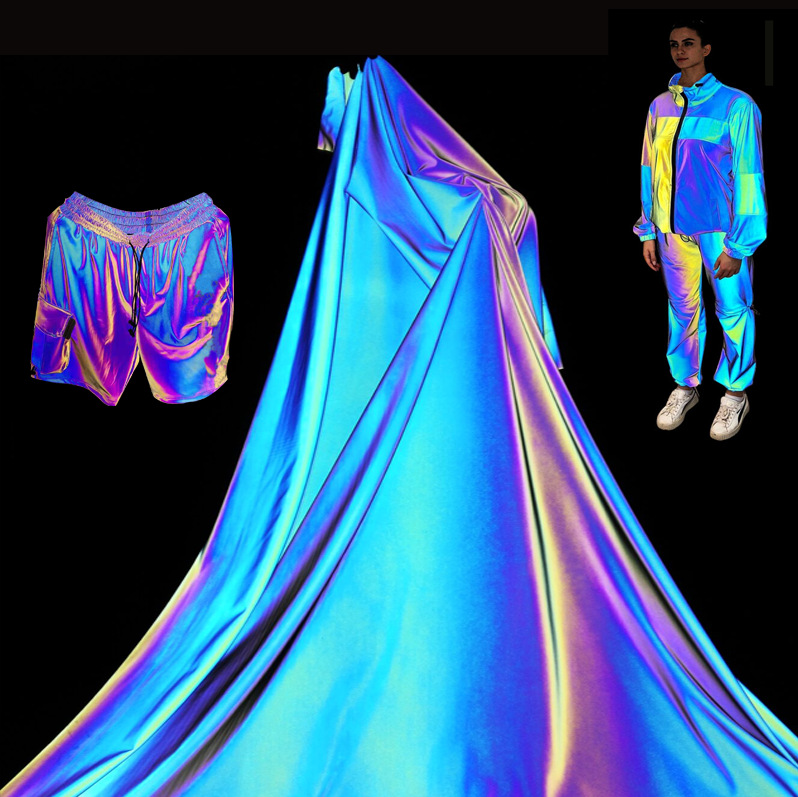 现货柔软全彩蓝紫光高亮彩虹化纤反光布七彩风衣羽绒反光面料弹力