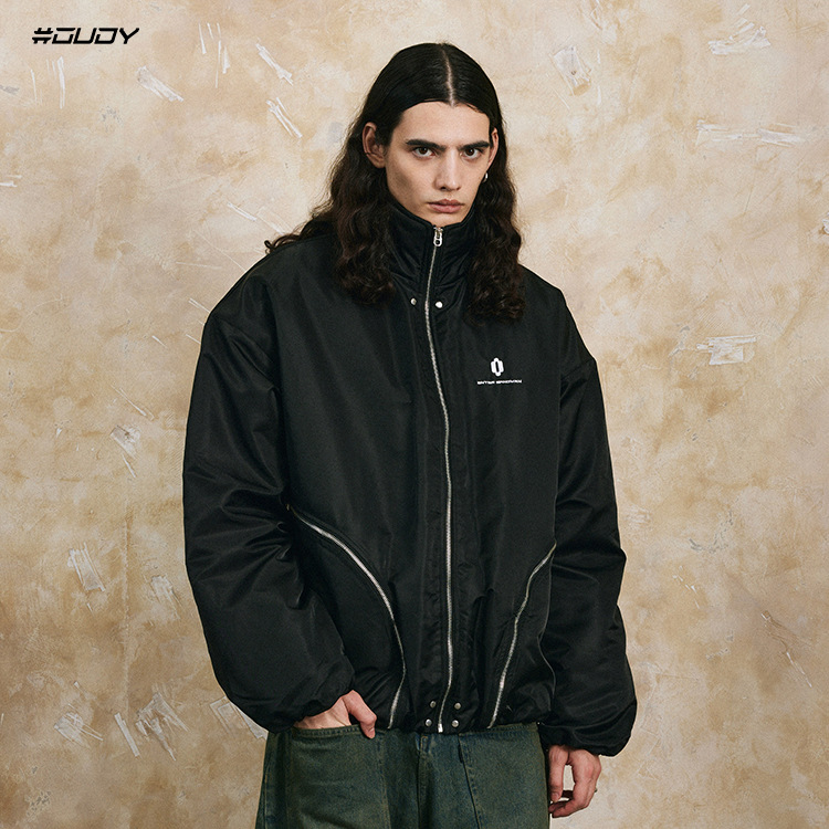 # OVDY invierno Chaqueta de algodón acolchado de los hombres de moda de los hombres de costura multi-cremallera diseño bordado pequeño logo chaqueta de la chaqueta de vuelo