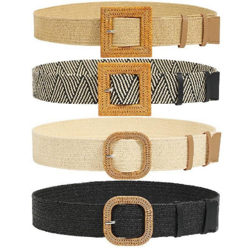 Cinturón Ancho de Tejido de Lino para Mujer, con Hebilla de Madera, Estilo Bohemio