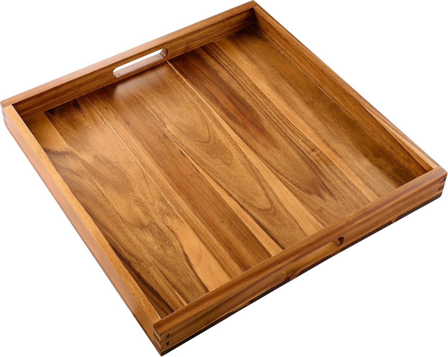 大号方形托盘带手柄多功能托盘,方形金合欢木托盘(金合欢)