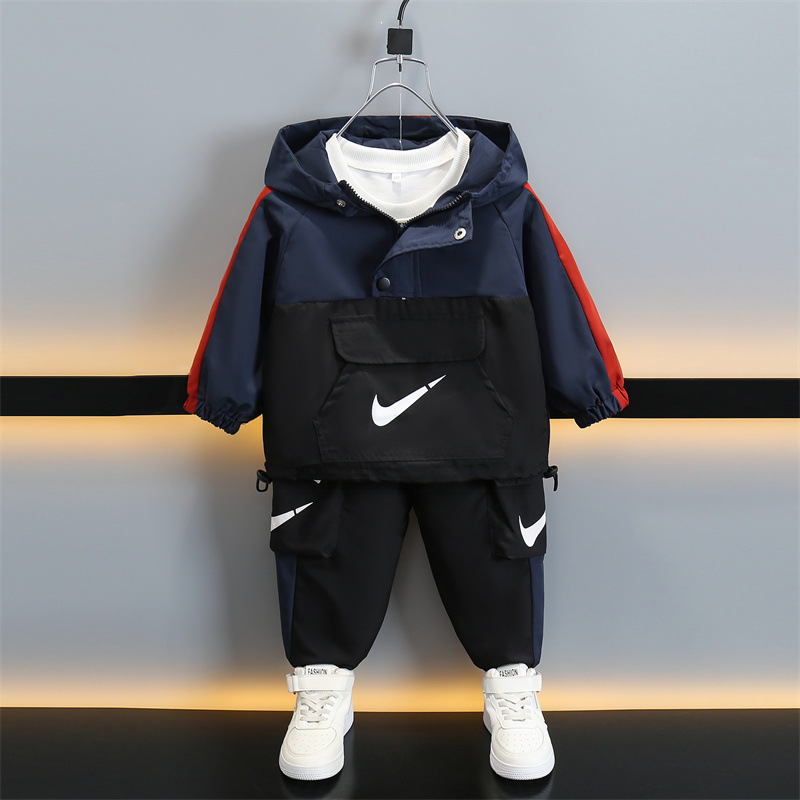 남자들의 가을 시원한 잘 생긴 세트 2024 새로운 외국 스타일의  봄과 가을 온라인 빨간 옷 유행 아이들의 잘 생긴 투피스 세트