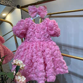 亚马逊新款女童泡泡袖公主裙玫瑰花朵中小童欧美蓬蓬纱裙儿童礼服