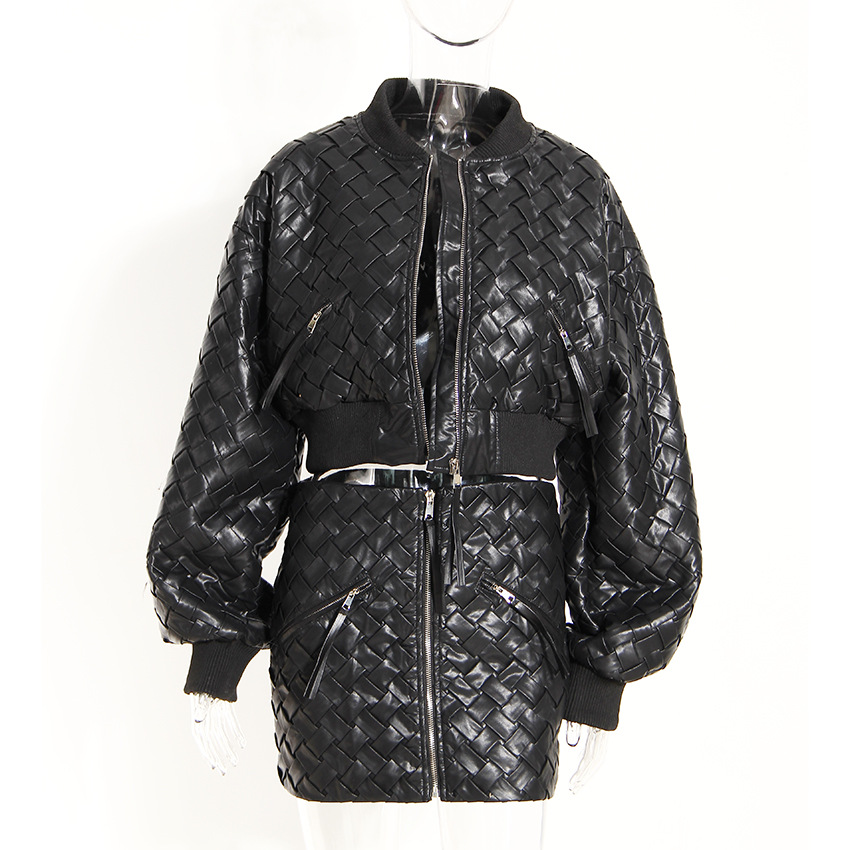 Niche Romantic Black Woven Design Texture Zipper Flight Suit Short Coat Mini Sheath Skirt Outfit