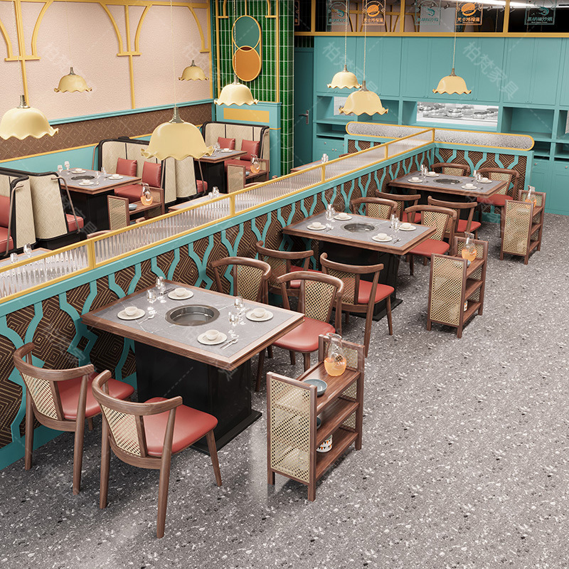 Customizado nuevo estilo chino de cocina Hunan hot pot mesas y sillas combinaciones comerciales de madera maciza tela de caña cartelera sofá fábrica al por mayor