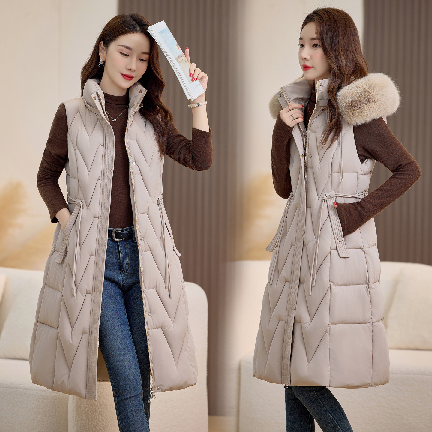 2025 invierno nuevo chaleco de algodón de pluma de cuello grande largo sobre la rodilla cintura para mostrar la figura de la madre chaqueta hombro
