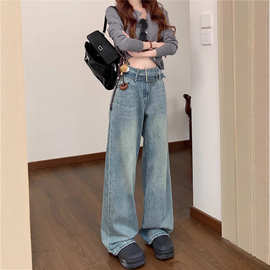 原宿风潮流个性2025春季开场神裤 设计款腰带直筒高腰显瘦牛仔裤