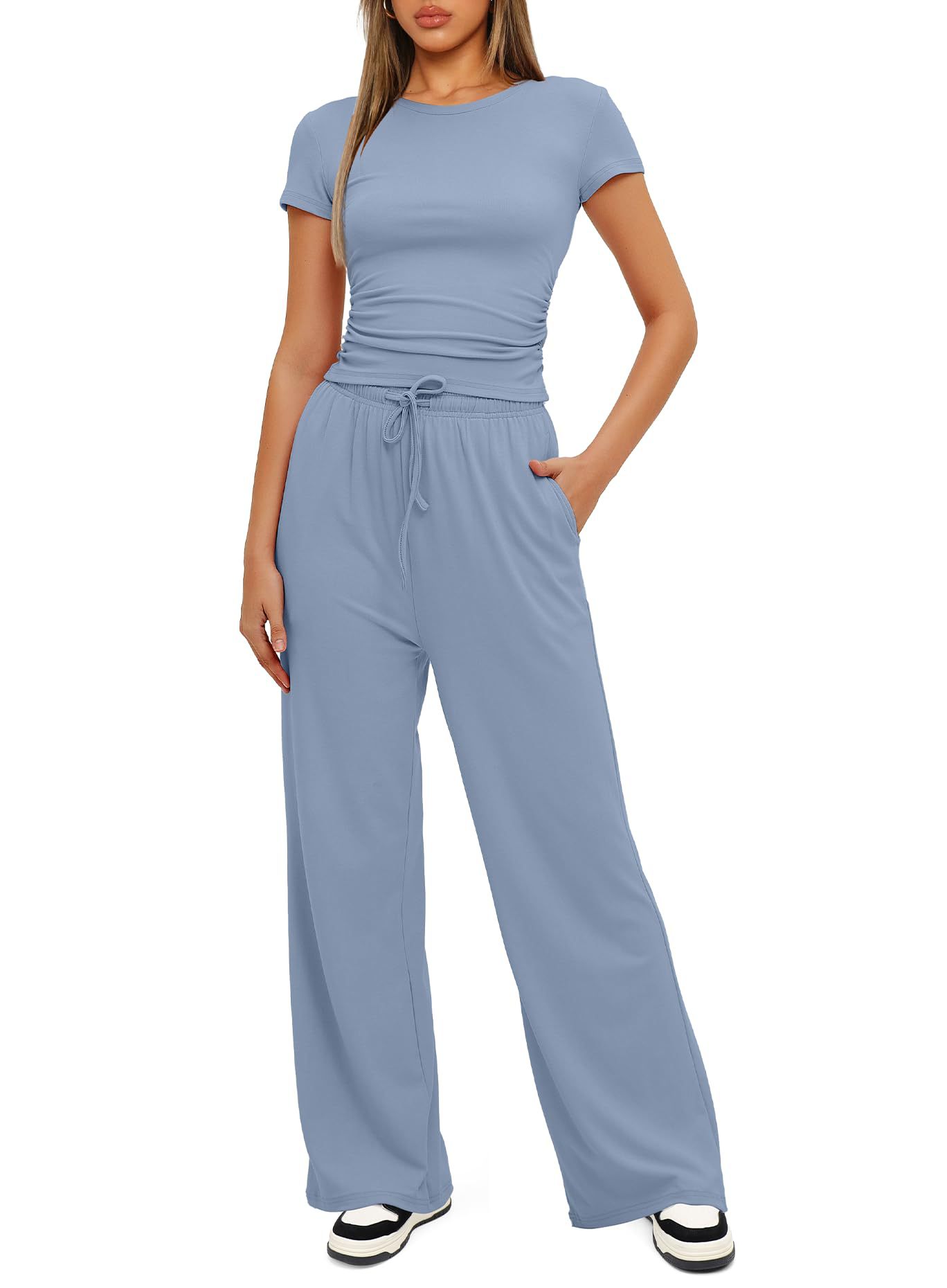 European American Foreign Trade Women's 2-piece Casual Set: Ruffled Short-sleeve Top And High-waisted Wide-leg_ecoleips.com