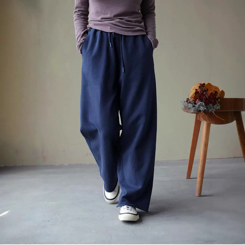 Niche Literary Retro Navy Blue Soft Fleece Knitted Elastic Waist Drawstring Casual Straight Casual Pants Women's Pants