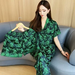 复古抗菌提花睡衣夏新中式国风家居服缎面薄款睡衣短袖长裤三件套