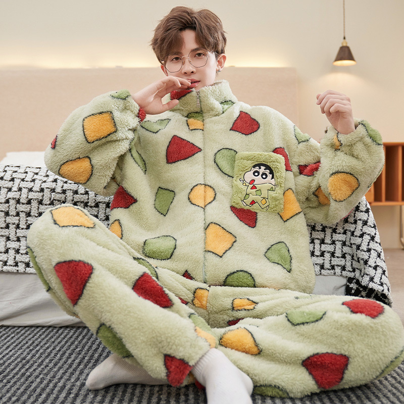 Pajamas for Men Autumn and Winter Coral Velvet Thickeneded Fleece-Lined Cartoon Plush Zipper Youth Home Wear Set